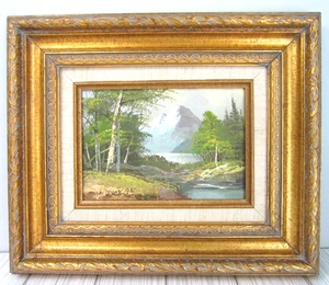 Quadro W. Duncan firmato paesaggio olio 5x7" montagna foresta lago incorniciato oro Y - Foto 1 di 6