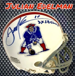 JULIAN EDELMAN AUTOGRAPHED SIGNED N. E. PATRIOTS MINI FOOTBALL HELMET wAP/COA - Picture 1 of 7