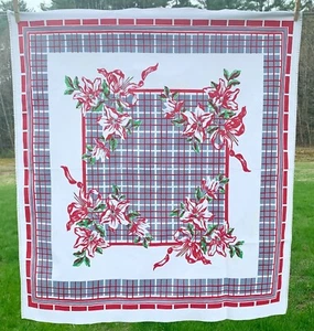 1950s Square Tablecloth Cotton Card Table Cover Red and Grey Floral Plaid 32X34 - Picture 1 of 8