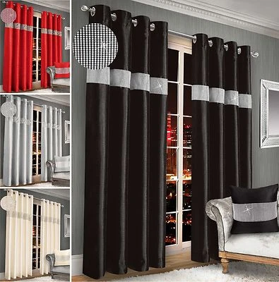 Faux Silk Fully Lined Curtain Pair Bling Diamante Ring Top Ready made Eyelets - Image 1 of 2