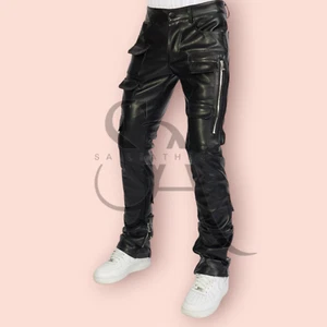 Men's Black Genuine Leather Motorbike Pant Biker Jeans Cargo Six Pocket Trouser - Picture 1 of 5