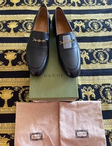 New 100% Auth Gucci Jakarta Gucci Moccasin Leather Shoes GG Logo G 15 US 15.5 - Picture 1 of 8