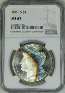 * 1881-S * MS67 NGC * MORGAN SILVER DOLLAR * SNOW WHITE CAMEO CRESCENT RAINBOW! - Picture 1 of 2