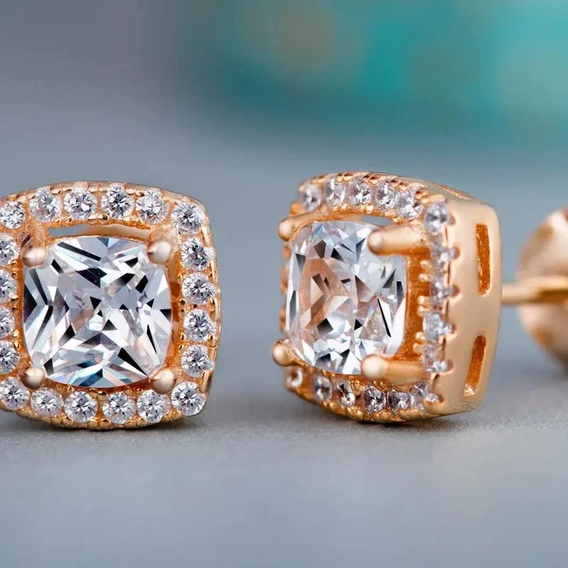 Pendientes oro rosa halo cuadrado diamante joyería amor caliente mujeres  Foto 1 de 1