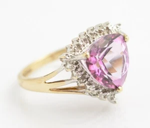 Vintage 9 kt Gold Ring mit natürlichem rosa Topas im Brillantschliff & Diamant Heiligenschein - Bild 1 von 9