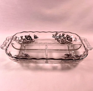 Paden Silver City Flanders Glass Poppy 3-Part Relish Dish Silver Overlay - Picture 1 of 3