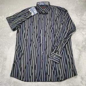 Visconti Shirt Mens XLT Black Blue Green Striped Paisley Trim Button Up Casual - Picture 1 of 12