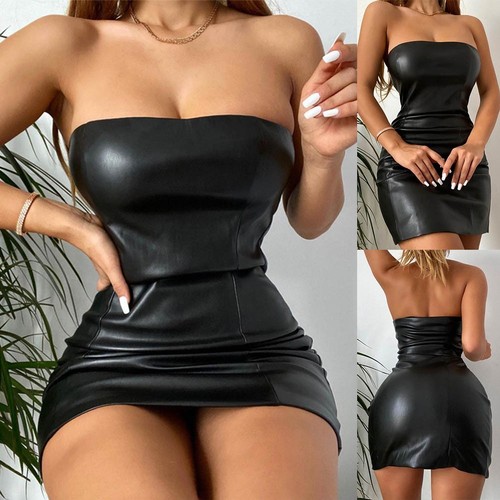 VETEMENTS Pu Vestito Tubino Ecopelle per Donna Bodycon Party Club Abbigliamento Nero