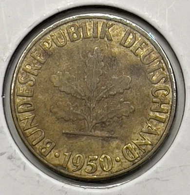 1950-G Germany 5 Pfennig – Circulated – KM# 107 –Brass-Clad Steel–Karlsruhe Mint - Image 1 of 4
