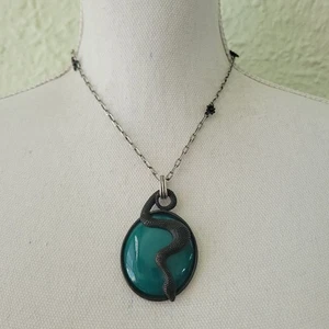 Vintage Lucky Brand Snake Charm Reversible Pendant Necklace Tree Teal Lucite 22" - Picture 1 of 8