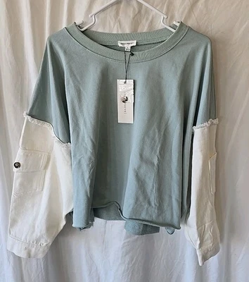 Sudadera corta de manga larga Dance & Marvel verde con mangas de mezclilla blanca talla L Foto 1 de 4