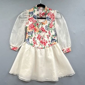VTG 90s Little Girl Dress Sz 8 Cottagecore Easter Floral Drop Waist Chiffon USA - Picture 1 of 20