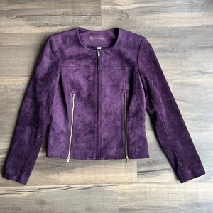 Calvin Klein Women’s Faux Suede Moto Jacket Eggplant Purple Lined Zipper Accent  - Picture 1 of 14