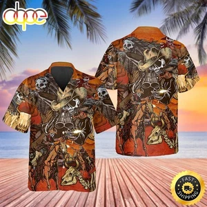 Vintage Skull Cowboys Aloha Beach Skulls Summer Hawaiian Shirt - Picture 1 of 5
