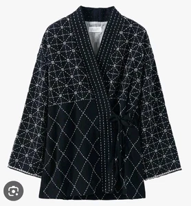 Toast Hand Embroidered Diamond Jacket Kimono Size Medium Black White Sleeves - Picture 1 of 24