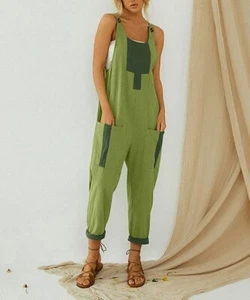 Pantalon Green Color Block Pocket Sleeveless Jumpsuit Size-XXL - Picture 1 of 2