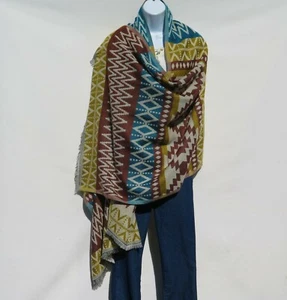 Yak Wool Blend|Kashmir|Shawl/Throw |Handloomed|Reversal|Teal/Amber/Rust/Pearl - Picture 1 of 7