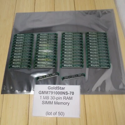 Lot of 50 - 30-pin GoldStar GMM791000NS-70 1MB RAM SIMM Memory - Image 1 of 4