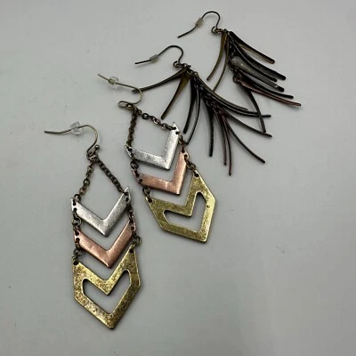 Mixed Metal Earrings Lot Chevron Geometric Dangle Fringe Tribal Boho Pierced - Image 1 of 4