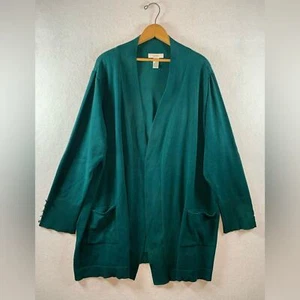 CJ Banks Duster Open Front Cardigan Sz 3X Forest Green Gold Silver Buttons - Picture 1 of 10