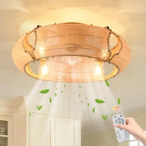 Boho Caged Ceiling Fan with Lights Flush Mount for Bedroom Living Room Kitchen - Picture 1 of 9