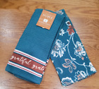 NWT 2pc Set JCPenny Home Kitchen Towels 100% Cotton Teal Grateful Flowers 16X26