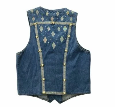 Винтажный брендеров Dickies джинсовой ткани жилет женщин M бахрома белая роза блестки кружева - Изображение 1 из 4