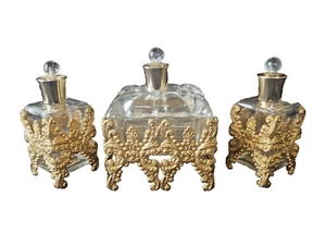 Vintage Gold Gilt Bronze Hollywood Regency Glam Vanity Set Powder Box +2 Bottles - Picture 1 of 11