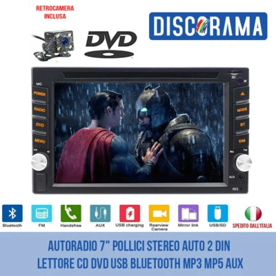 AUTORADIO 7" POLLICI STEREO AUTO 2 DIN LETTORE CD DVD USB BLUETOOTH MP3 MP5 AUX - Immagine 1 di 4