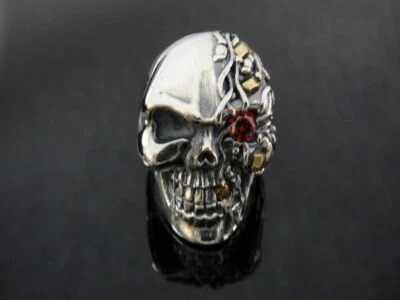 重型红色水晶眼骷髅银色戒指适用于哈雷戴维森 1% Er Biker TR62 — 第 1/4 张图片
