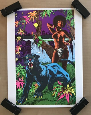 Vintage Original 1970s Black Panther Afro Woman Jungle Blacklight Poster Pinup - image 1 of 4