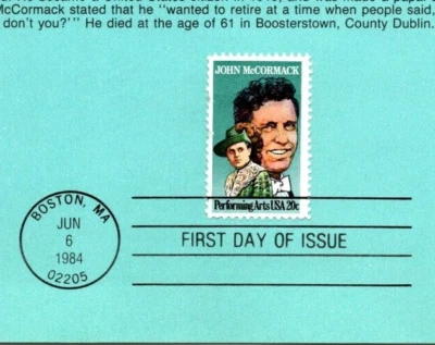 USPS First Day Cover FDC Souvenir Sheet John McCormack $0.20 Stamp Scott #2090 - Image 1 of 2