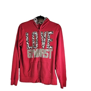 Justice Girls 'Love Gymnast' Size 16 Red Full Zip Hoodie Animal Print Accent - Picture 1 of 8