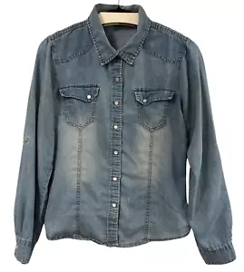 New Look Denim Chambray Large Long Sleeve Shirt Pearl Snap Button w Pockets - Picture 1 of 5