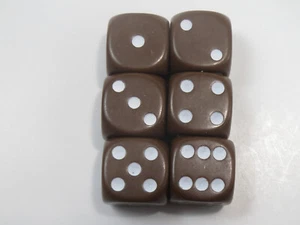 NEW Dice Set of 6 D6 (16mm) - Opaque Brown w/White pips - Picture 1 of 3