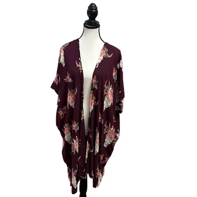 Angie Women's Kimono Topper Bull Skull Floral Burgundy Bohemian Boho Size L - Image 1 of 4