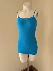 Vintage Cottage Core Cami XS Blue Lace Extra Long Top Layering Ribbed Stretch - Picture 1 of 11