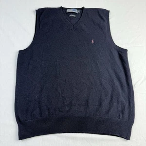Vintage 1980s Ralph Lauren Wool V-Neck Sweater Vest Navy Blue Size Large - Picture 1 of 11