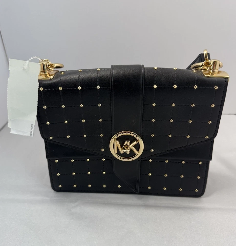 Michael Kors Greenwich Black Small Studded  Faux Leather Crossbody Purse, Bag - Image 1 of 4