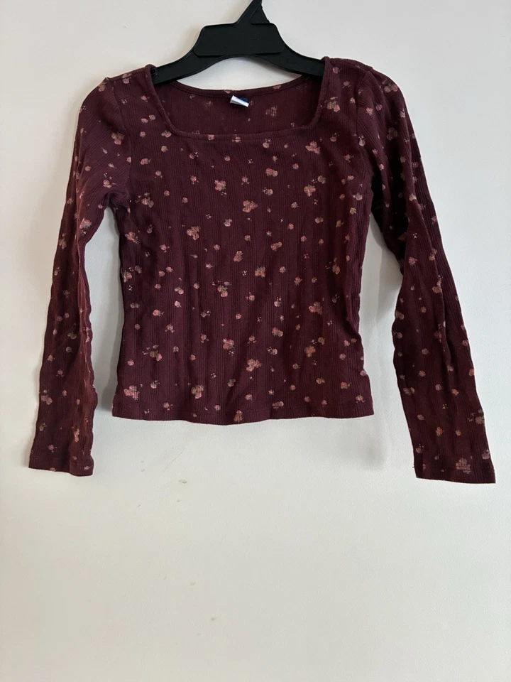 Camisa Manga Larga Cuello Cuadrado Mezcla Algodón Floral Azul Marino Antigua Niños Niñas Vino Tinto L Foto 1 de 4