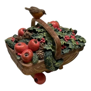 Marjolein Bastin TRINKET BOX, Basket Of Apples, Pinecones, Holly, Bird, Ladybug - Picture 1 of 9