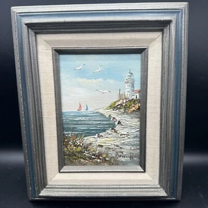 Original Signed Seascape Oil Painting Brian Roche Framed Lighthouse Sailboat Vtg - Picture 1 of 17
