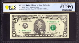 1995 $5 FEDERAL RESERVE NOTE ST. LOUIS FR.1985-H HB BLOCK PCGS B SUPERB 67 PPQ - Picture 1 of 2