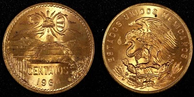 墨西哥青铜 1964 Mo 20 Centavos 红色宝石 BU KM# 440 (27 372) — 第 1/3 张图片