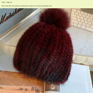 Womens Winter Warm Real Mink Fur Hat Knitted Beanie Ski Cap W Real Fox Fur Ball