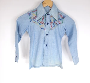 VTG 70s Curral Girls Button Front Shirt 8 Long Sleeve Blue Embroidered READ - Picture 1 of 13