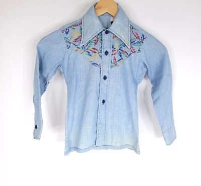 VTG 70s Curral Girls Button Front Shirt 8 Long Sleeve Blue Embroidered READ - Image 1 of 4