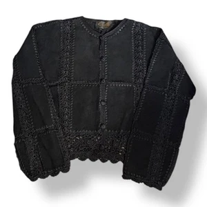 Vintage Scully Black Suede Leather Jacket Crochet Lace Trim Size 12 Western Boho - Picture 1 of 12