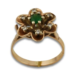 Brillant Smaragd Blumen Gold Ring 585 14 Kt Gelbgold 0,12 Ct Damen Wert 1250,- - Bild 1 von 5