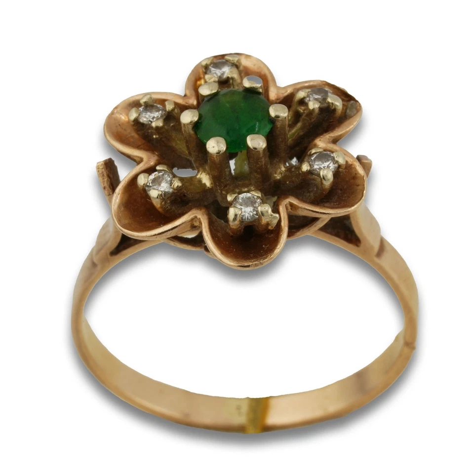 Brillant Smaragd Blumen Gold Ring 585 14 Kt Gelbgold 0,12 Ct Damen Wert 1250,- - Bild 1 von 4